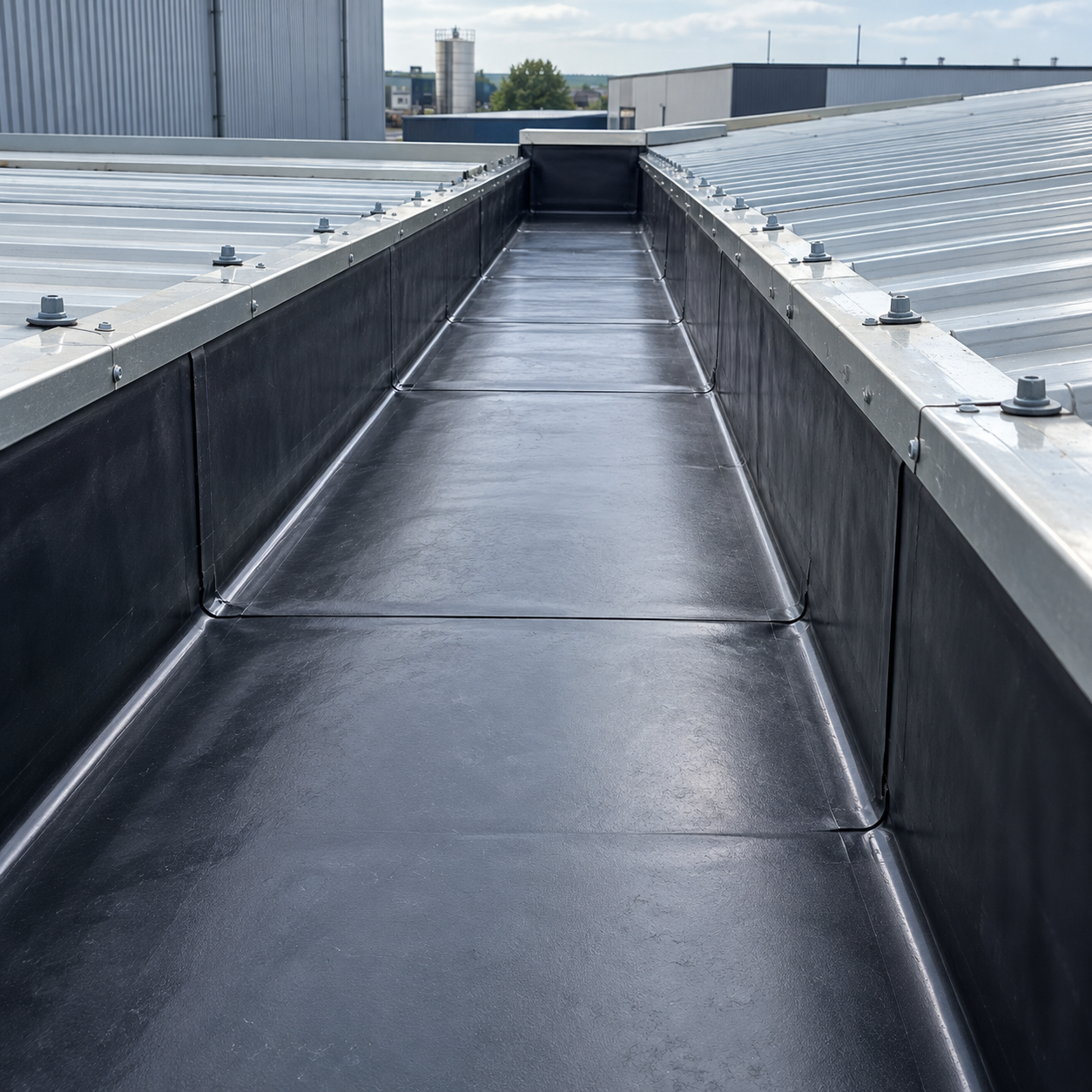 New EPDM lining installed in an industrial box gutter on a commercial roof